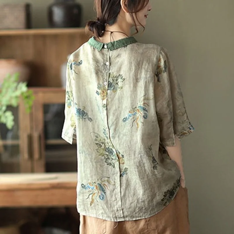 Блузка женская из хлопка и льна винтажная рубашка с отложным воротником