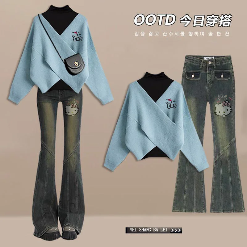

Sanrio Women Winter Three-Piece Set Cute Fashion Hello Kitty Korean Sweater Top Bootcut Jeans Three-Piece Set Plus Size Women