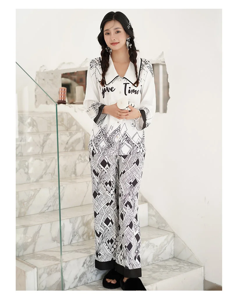 New ice silk pajamas women's fresh twist print long-sleeved comfortable home pajama set