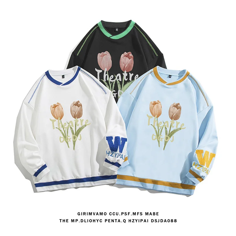 

Unisex Print Sweatshirts Flowers Pattern Color Sweatshirts Autumn New Fashion Crew-Neck Sweatshirt Youthful Vitality Style