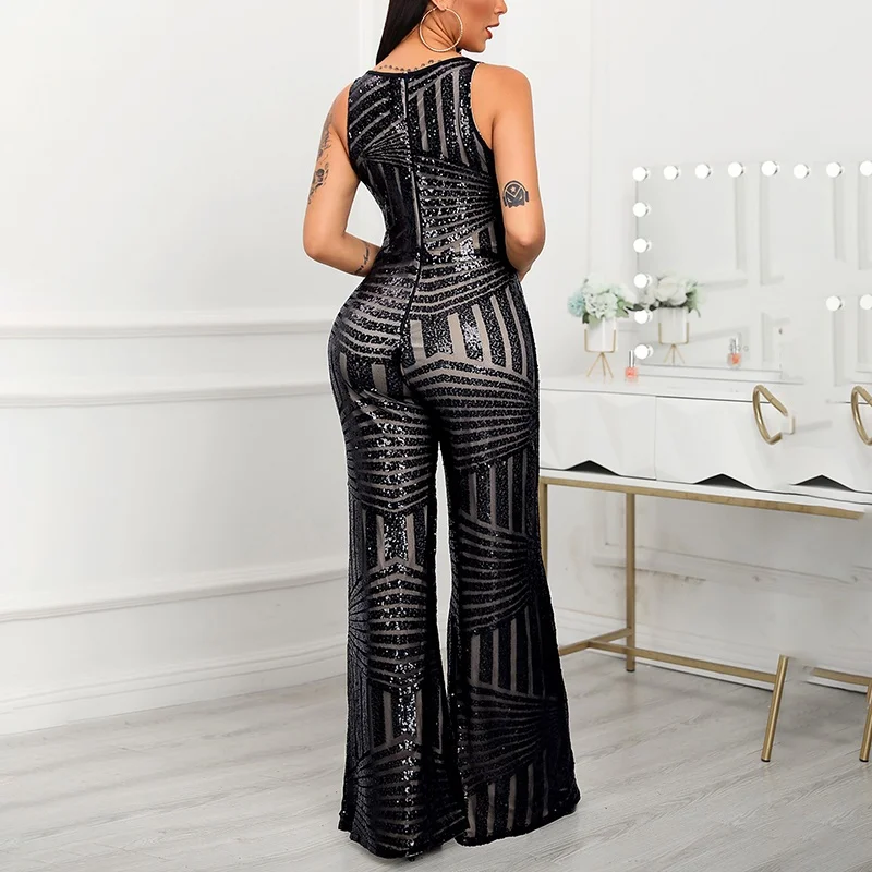 

Jumpsuit Women Elegant Female Sleeveless Jumpsuit Sequined Zipper Pocket Design Casual Party Romper Overalls Fashion Workwear