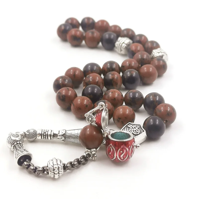 Фото Драгоценный камень Tasbih, натуральный обсидиан, 33 бусины, браслет, мусульманские молитвенные бусины с аксессуарами внутри, бирюзовый камень №1