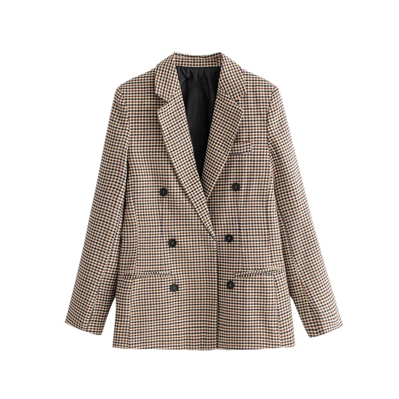 

Women Fashion Office Wear Double Breasted Check Blazers Coat Vintage Long Sleeve Pockets Female Outerwear Chic Tops