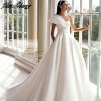 yunshang satin a line wedding dress 2022 for women one shoulder simple formal long bridal gown backless buttons sweep train