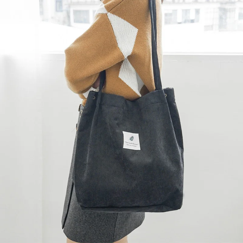 

Women Corduroy Shopping Bag Female Canvas Cloth Shoulder Bag Environmental Storage Handbag Reusable Foldable Eco Grocery Totes