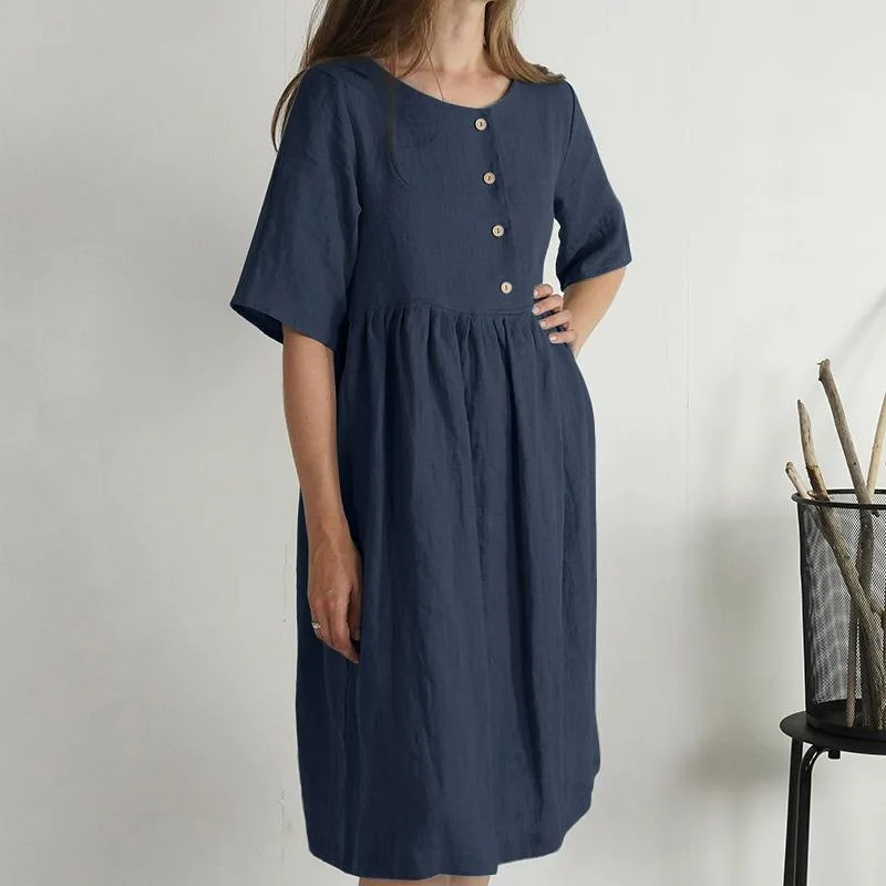 

Women Dress Summer Fashion Solid Color Button Round Neck Pocket Casual Loose Dresses