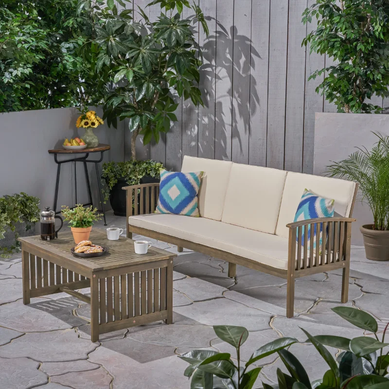 

Tucson Outdoor Acacia Wood Sofa and Coffee Table Set, Gray and Cream