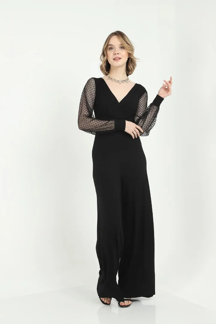 

Black Chiffon Sleeves Double Breasted Jumpsuit new season modern cut long sleeve elegant flare jumpsuit