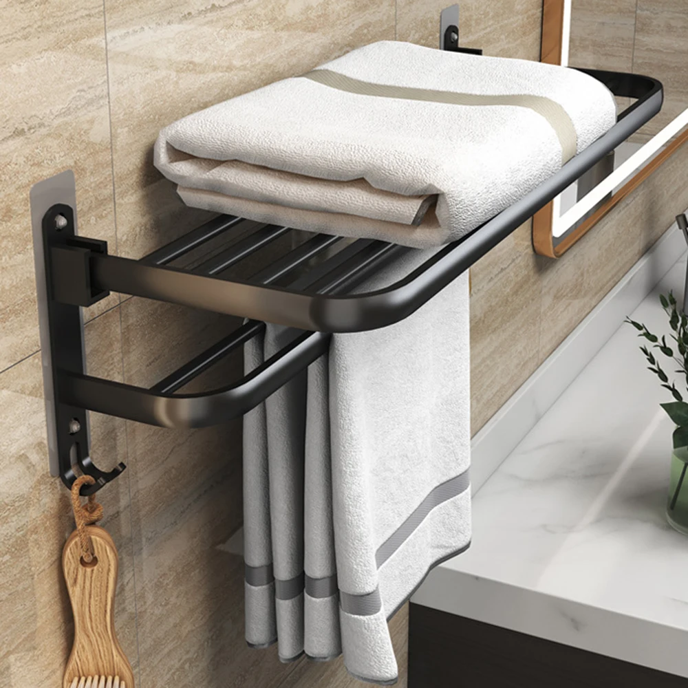 

Towel Holder Wall Mounted Black Aluminum Surface Shower Bars Hanger Adjustable Fold Clothes Rack with Hooks Bathroom Accessories