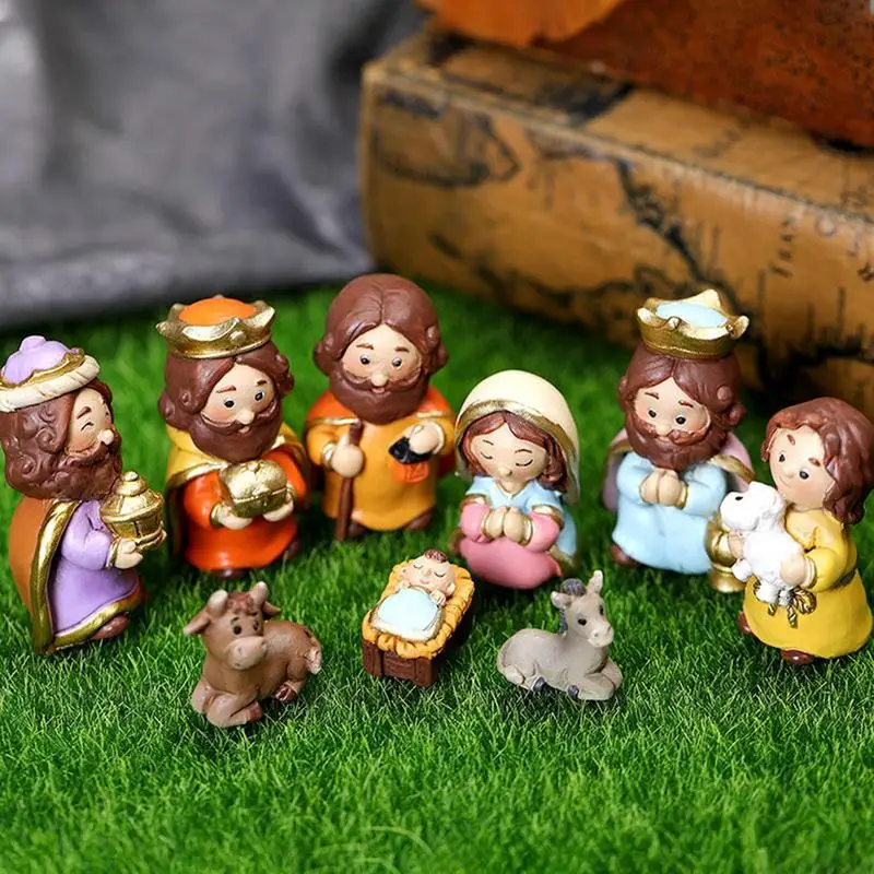 

10pcs Resin Holy Family Nativity Figurine Set Jesus Figurines Christmas Ornaments Decor Nativity Scene Set Tabletop Decoration