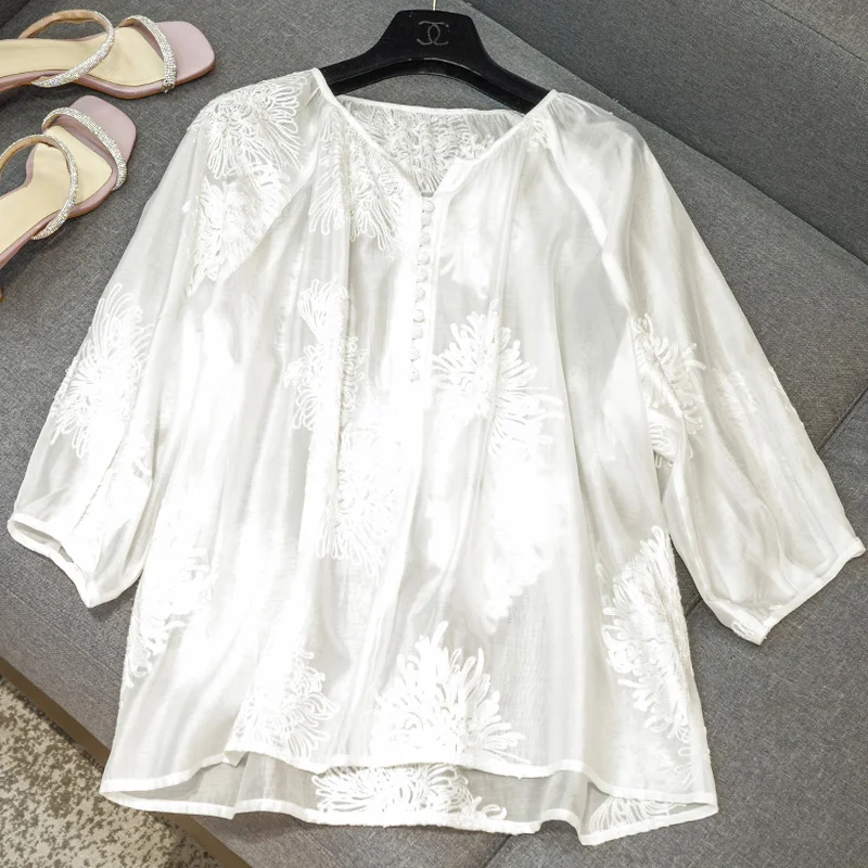 

High Quality Embroidery Loose Silk Shirt Women's Top 2023 Summer New Simple Solid Color T-shirt Office Ladies Formal Clothing