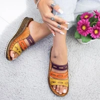 women roman sandals women sandals pu color matching circular non slip slope heel thick bottom hollowed out large ladies slippers