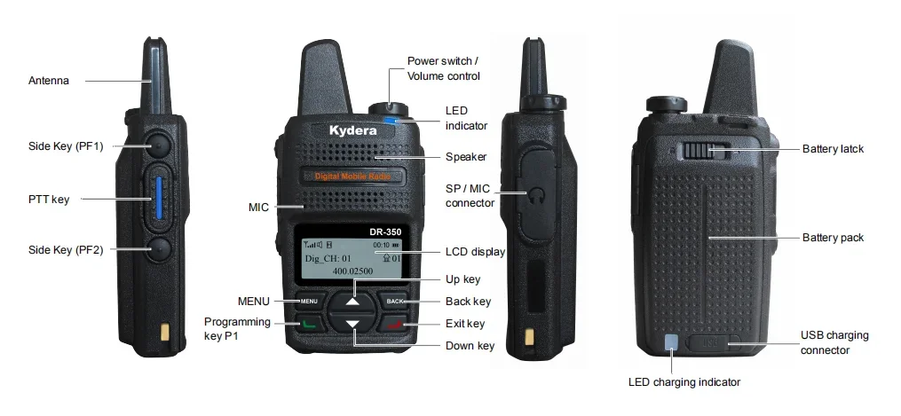 Kydera CE FCC ROHS сертифицированная 2 Вт DMR PMR 446 DR-360 Самая низкая мини-рация VHF UHF Waki Taki woik