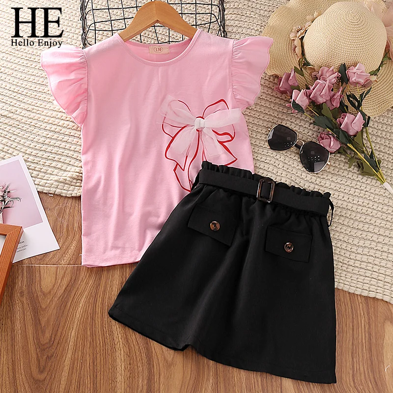 

HE Hello Enjoy/комплекты одежды для девочек коллекция 2022 года, летняя детская одежда комплект из двух предметов для подростков: топ с бантом + юбка ...