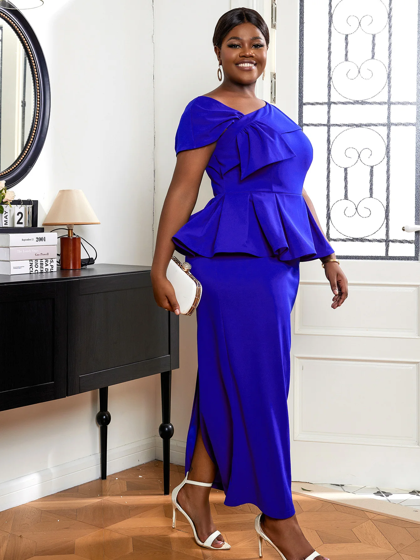 

Elegant Celebrity Gown Sexy Birthday Prom Party Evening Blue Bow Tie Peplum Robe Femme Slim Maxi Event Prom Gowns New In