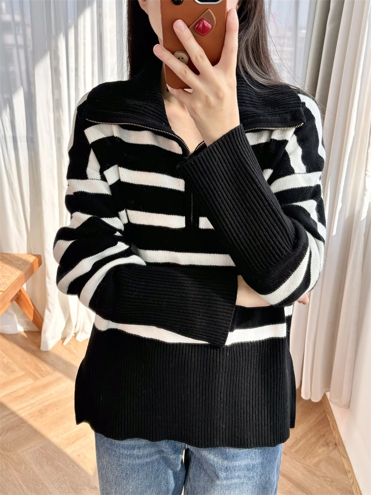 Женский свитер в полоску полумолния свободный крой High Street шикарный модный дизайн