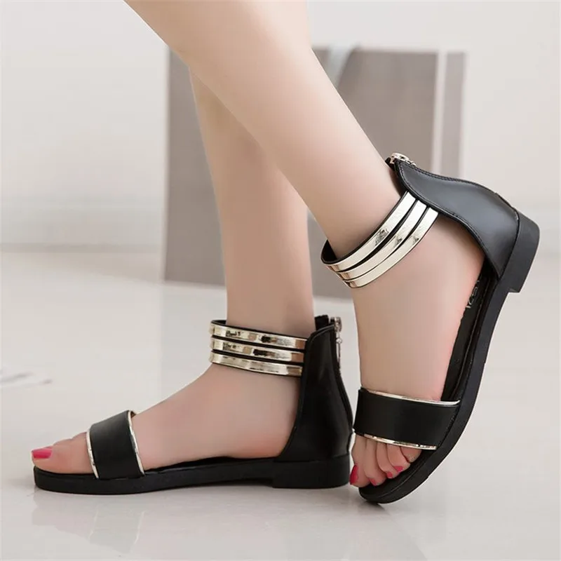 

Fashion Summer Casual Sandals Open Toe Flats Women Shoes Narrow Band Solid Zip Ladies Beach Sandalias Choussure Femme