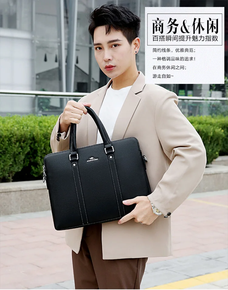Men Briefcase Double Zipper Genuine Leather Shoulder Bag 14 Inch Laptop Bag Large Capacity Male Business Handbag Travel Bag