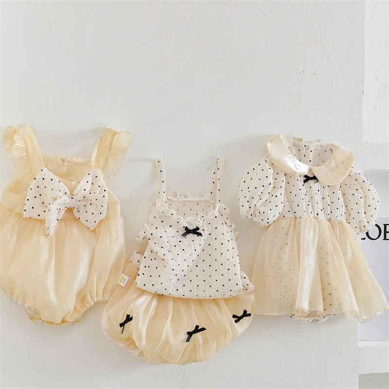 

Toddler Baby Girl Bodysuit Summer Fashion Polka Dot Mesh Bow Princess Romper Dress for Infants Cotton Kids Clothes Girls Outfits