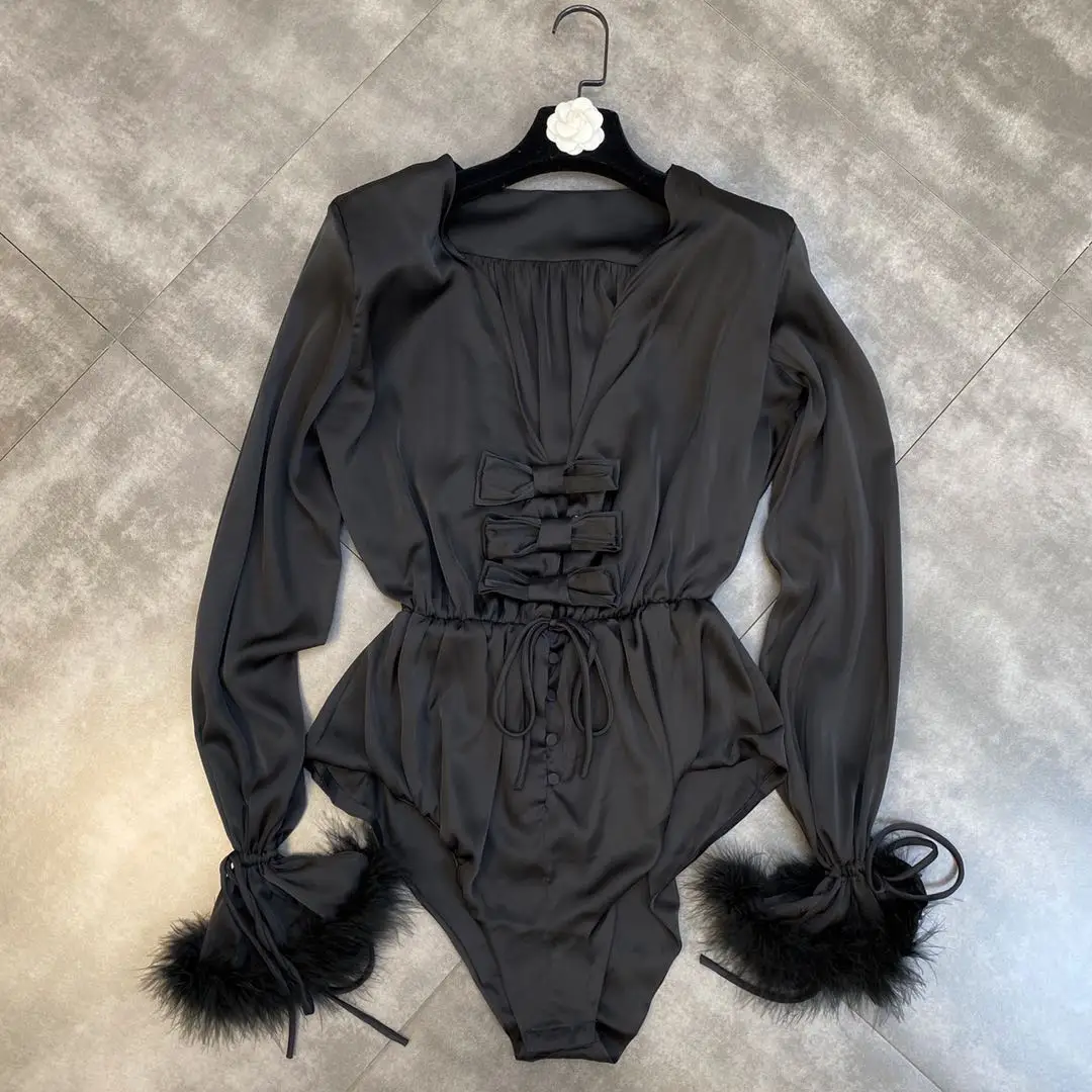 

V-neck shoulder pad, long sleeve ostrich hair bow waist conjoined triangle blouse for women in 2022autumn