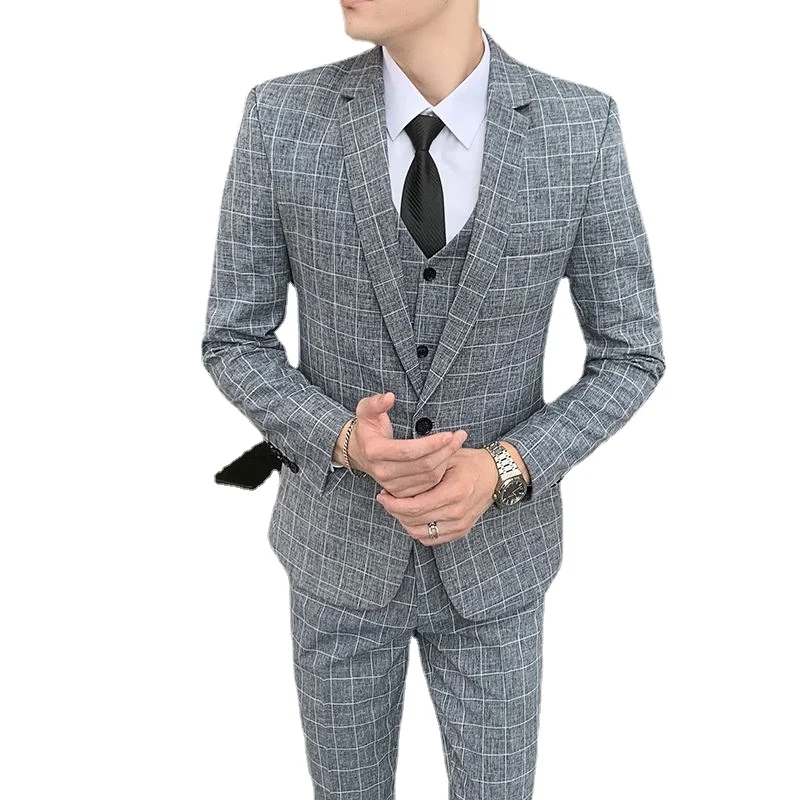 

New (suit + Vest + Trousers) Men's Korean Version of Fashion Business Formal Wear To Work Wedding Groomsmen Dress Plaid Suit