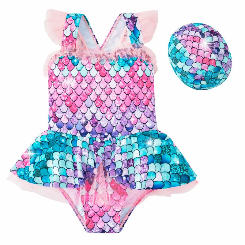 

2022 New Girl Baby Mermaid Swimsuit Princess Fashion Cartoon Fish Scale Print Ballet Dance One Piece Kids Sequin Tulle Swimsuits