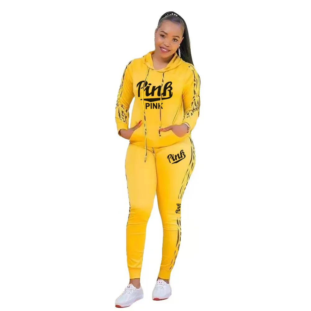 

2022 New Arrival Fashion Design 2 Pcs Tracksuits Women Set Print Hooded Letters Tops Long Pants Elastic Outfits