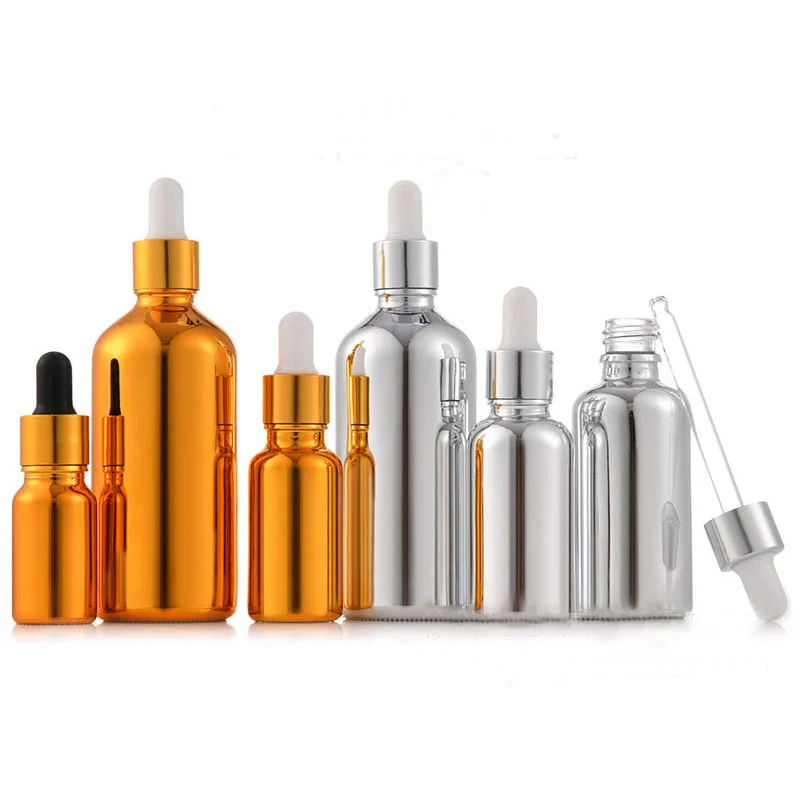 10Pcs 5-100 ML Metal Plating Gold Silver Glass Dropper Bottle With caps Glass Dropper Portable Refillable Travel Bottle