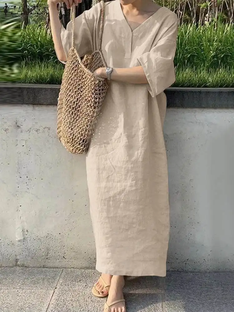 

2023 ZANZEA Oversize Summer Dress Women Vintage V Neck 3/4 Sleeve Midi Sundress Robe Femme Casual Loose Party Vestido Kaftan