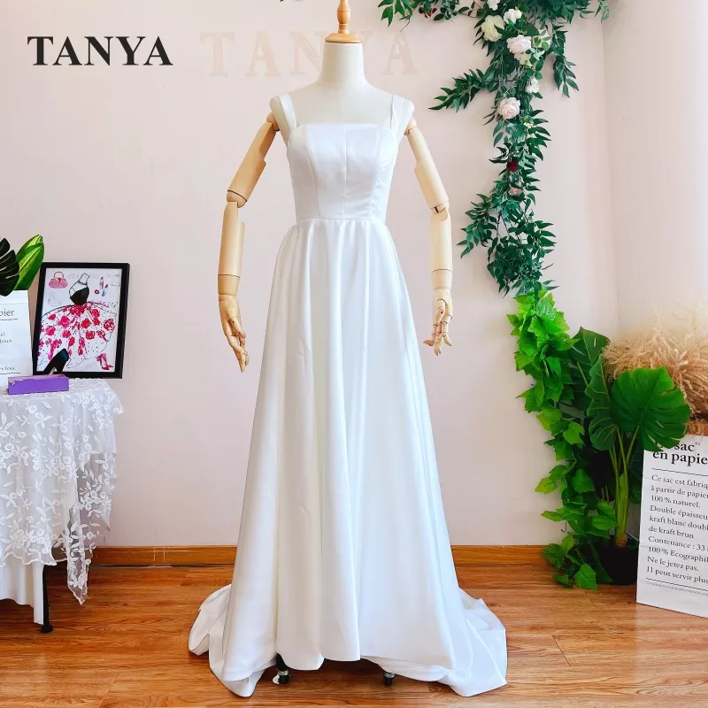 

Простое длинное свадебное платье трапециевидной формы, атласное платье с квадратным вырезом и открытой спиной, платье невесты с карманами, ...