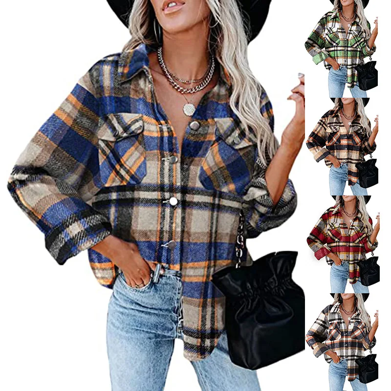 European and American Women's Clothing Autumn and Winter Plaid Shirt Long Sleeve Loose Pockets Breasted Woolen Coat