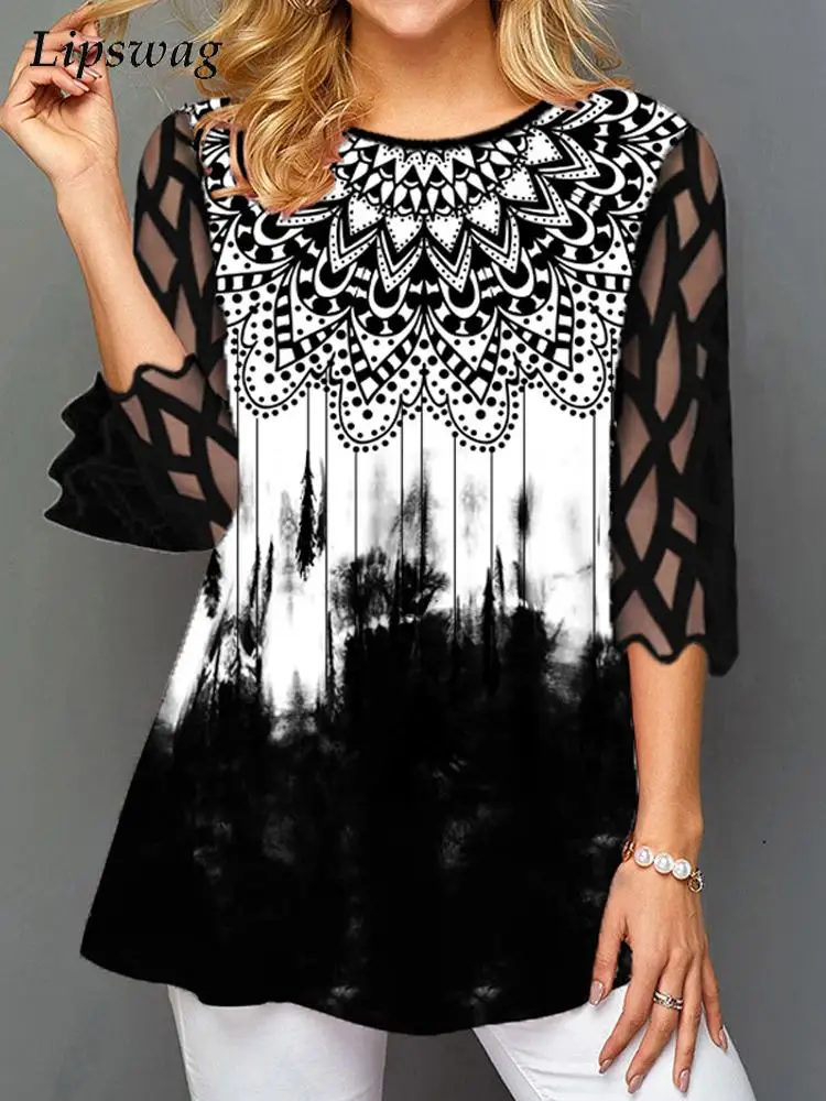 

Elegant Stitching Mesh Sleeve Long T-shirts Women Fashion Printing Loose Pullover Tops O Neck Long Sleeve Casual Tee For Female