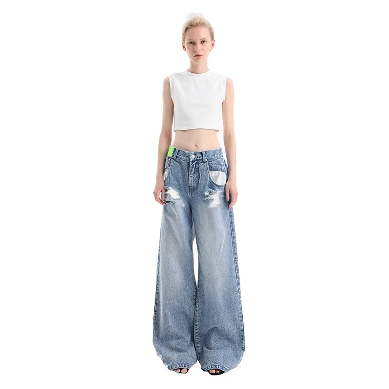 

Новые осенние женские джинсы со средней талией, широкие потертые джинсы высокого качества y2k, рваные повседневные брюки, одежда с множеством отзывов в Корейском стиле