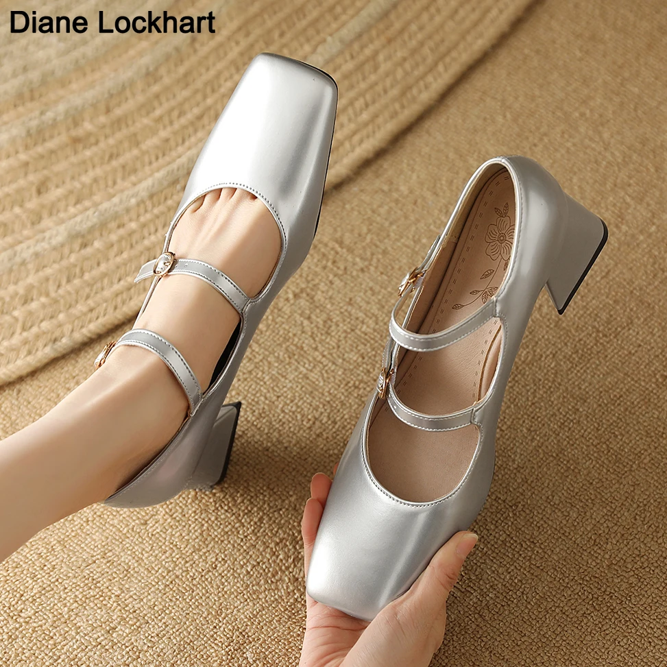 New Casual Womens Mary Janes Shoes Square Toe 6CM Heel Moccasin Shoe Woman Silver Pumps zapatillas ladies High Heels 42 43