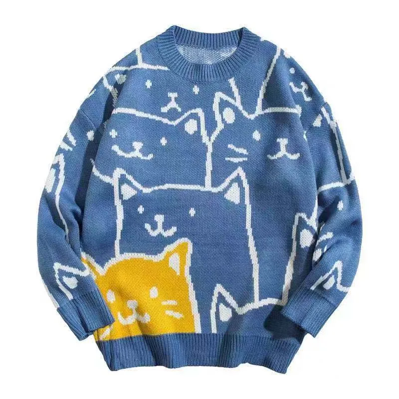 Spring 2023 Kitten Hong Kong Flavor Can Love Couple Sweater Men's Japanese Vintage Knitwear Bf Lazy Style Sweater Jacket Korean