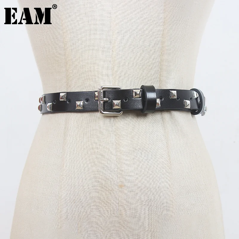 

[EAM] Pu Leather Black Rivet Metal Buckle Cool Long Belt Personality Women New Fashion All-match Spring Autumn 2023 1DF0965