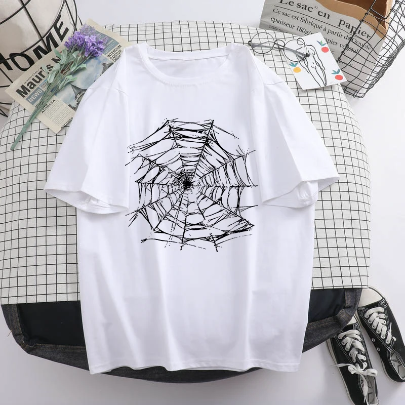 Женские простые черные футболки с принтом паутины повседневные свободные в