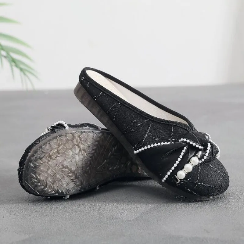 Women Cotton Fabric Summer Slipper with Butterfly-knot Ladies Fashion Pearl Mules Hemp Insole Flat Heeled Sweet Slides