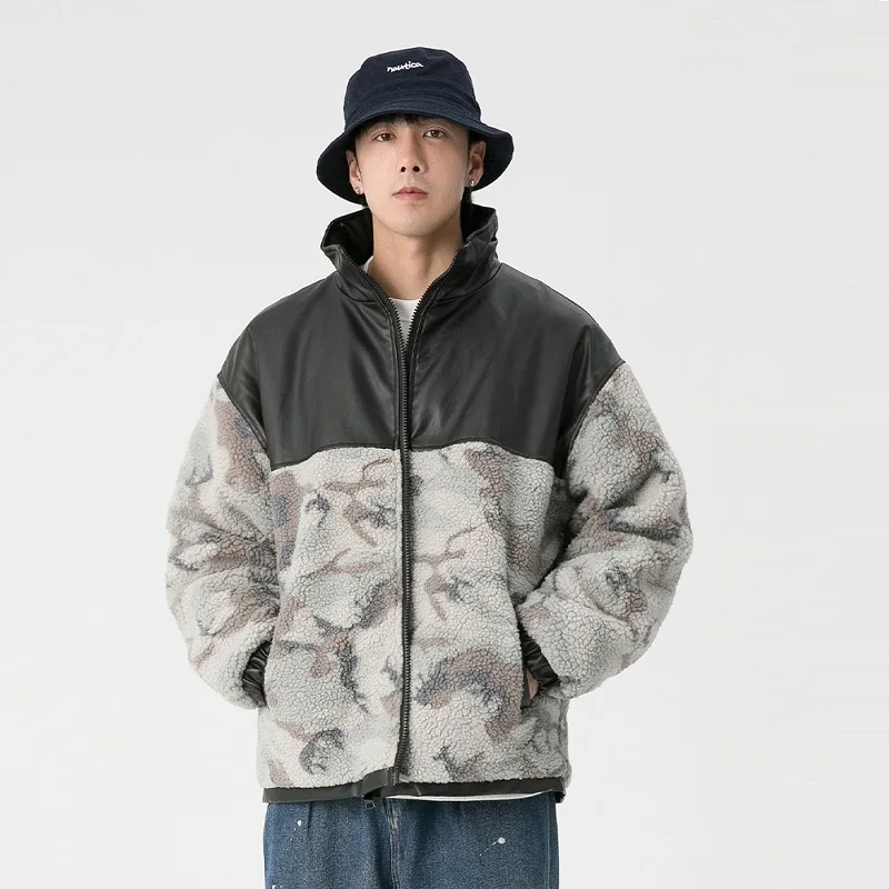 Mens Fashion Patchwork Color Contrast Imitation Cashmere Coats Winter Cashmere Thickened Patchwork Warm Cotton Jackets