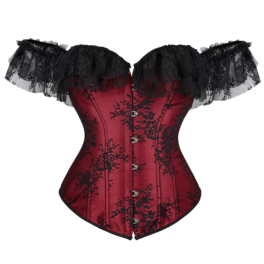 

Women Corset Top Renaissance Satin Vintage Print Overbust Short Lace Sleeves Off Shoulder Lace Up Corset Bustier Fashion Costume