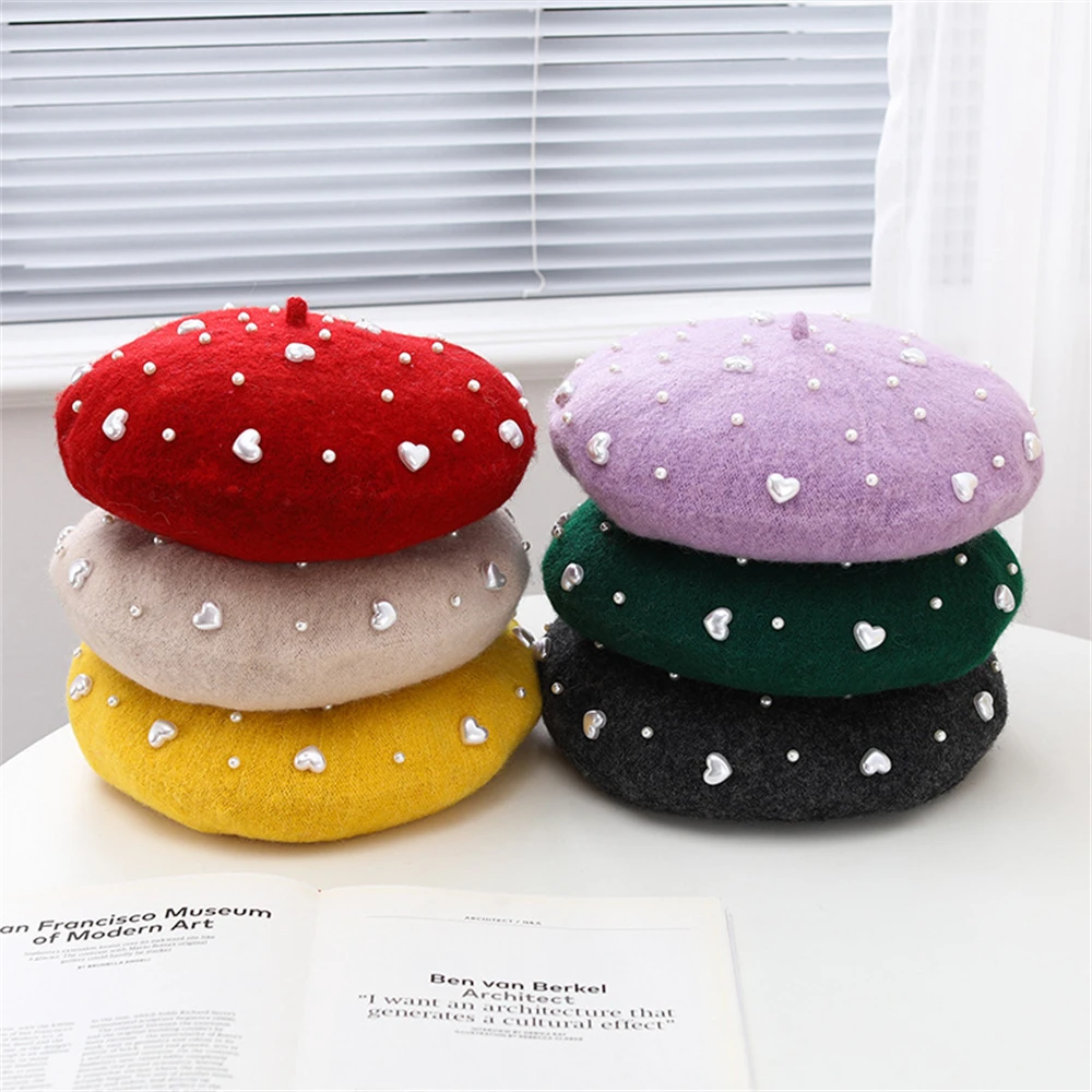 

Women Heart-shaped Pearls Beads Berets Hat Girls Knitted Wool Warm Winter Cap Skullies Beanies Elegant Cashmere Female Flat Hats