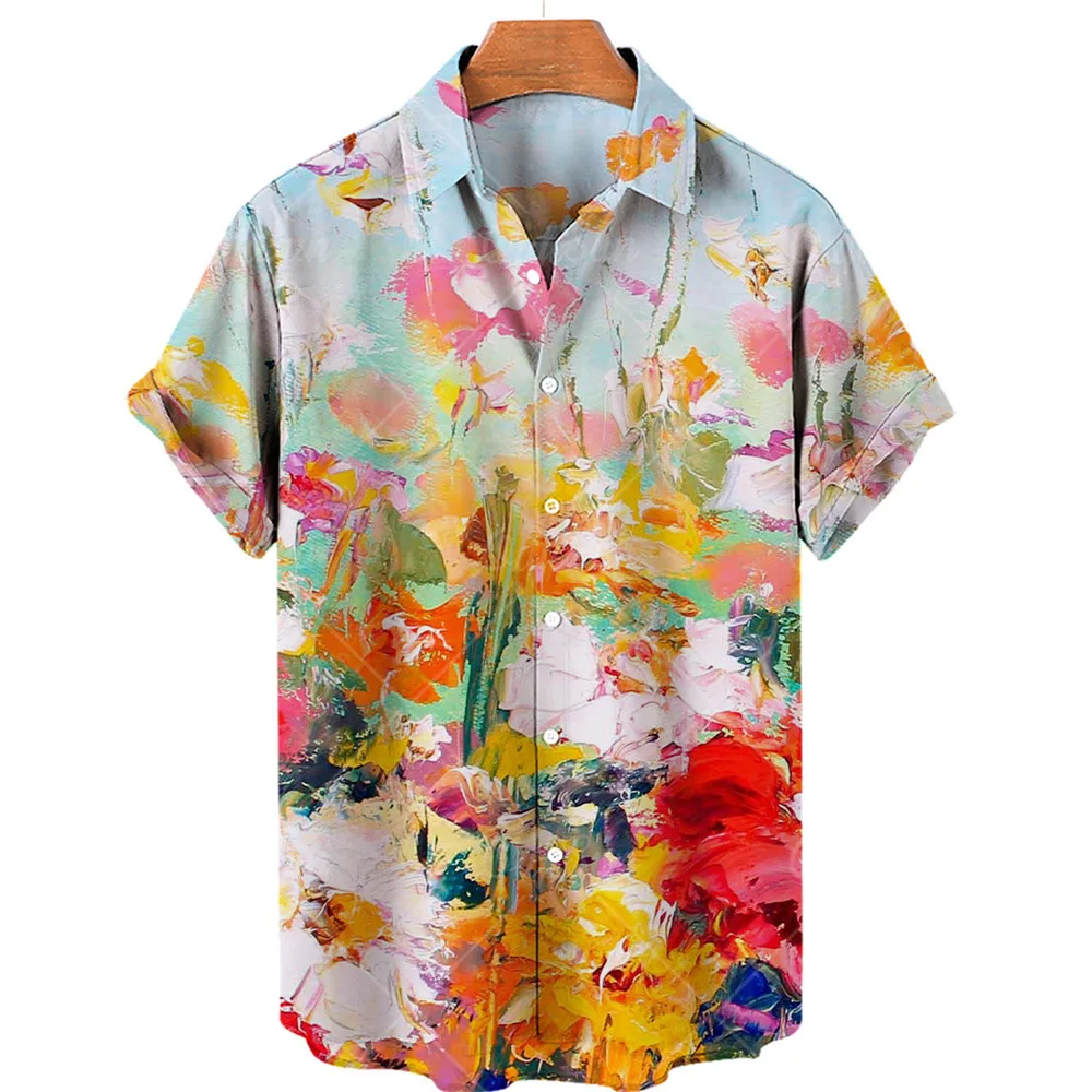 2022 Harajuku Hawaiian Shirts 3d Oil Painting Floral Print Men's Women's Fashion Short Sleeve Shirts Plus Size Shirts and Shirts
