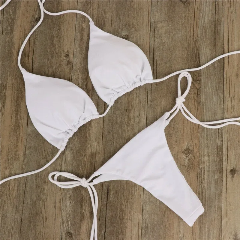 

Women Sexy Bikini Set Push-up Bra Tie Side Thong Two Pieces Swimwear Brazlian Swimwear Solid Bandage Bathing Suit Thin Swimwear