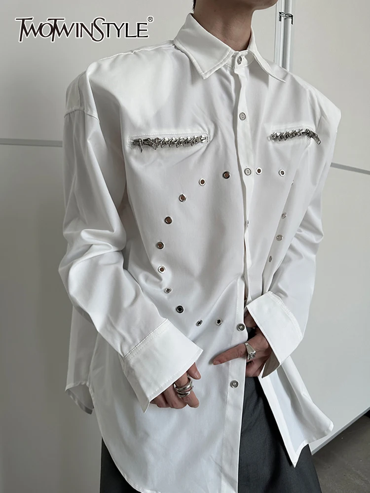 

TWOTWINSTYLE Solid Spliced Sequined Shirt For Women Lapel Long Sleeve Patchwork Single Breasted Minimalist Blouse Female Clothes