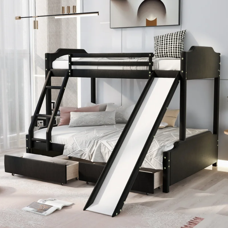 

[Flash Deal]Double Upholstered Bunk Bed with Two Drawers and Slides Convertible Slide and Ladder Headboard and Footrest