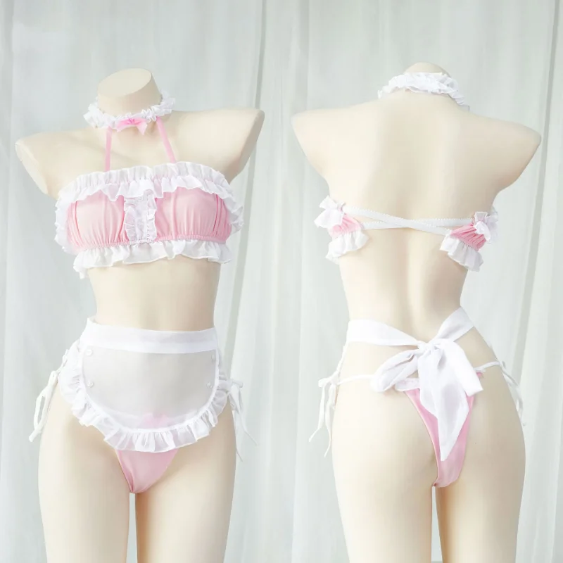 

Сексуальное нижнее белье с лямкой на шее, пижама, фартук горничной, косплей, кружевной эротический костюм, женский, карнавальный костюм, милая горничная, кафе, косплей