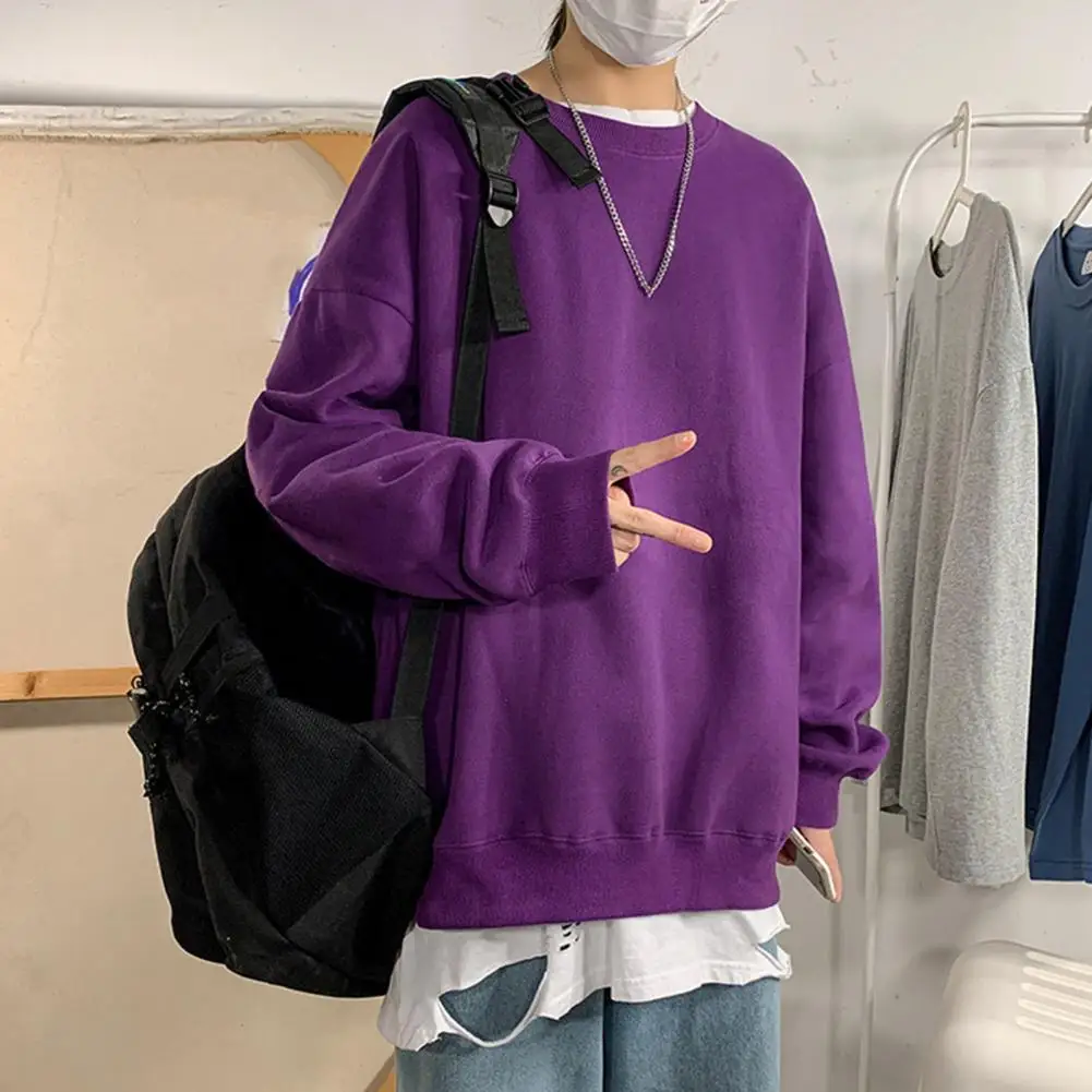 

Men Sweatshirt Round Neck Solid Color Men Loose Top Soft Long Sleeve Thick Warm Elastic Cuff Streetwear Men Couple Top