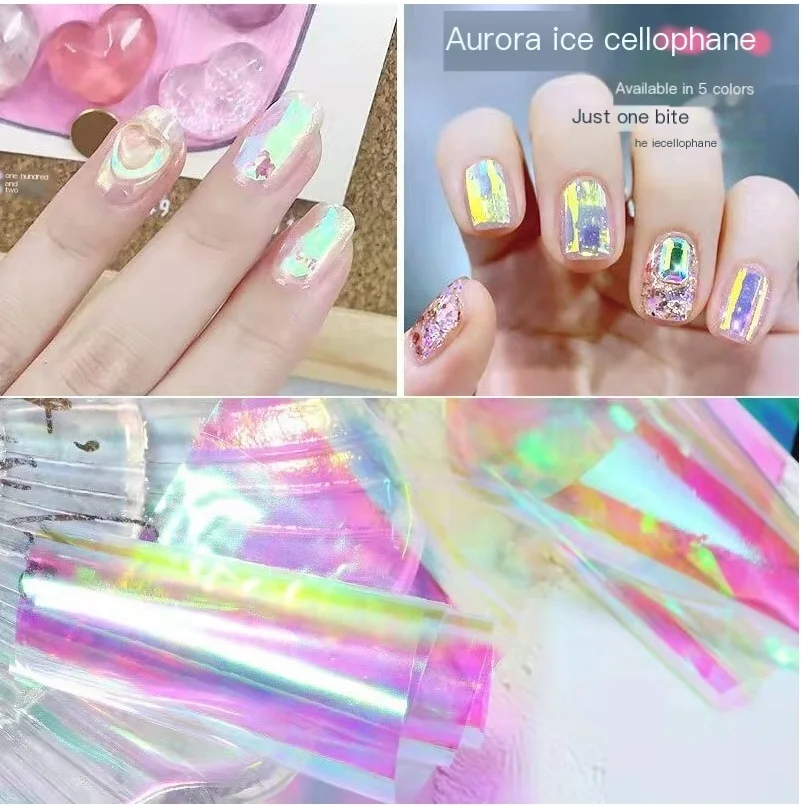 

8PCS Roll Aurora Glass Nails Foil Nail Art Sticker Cellophane For Nails Broken Design Transfer Paper Summer Nail Art Decor Tools