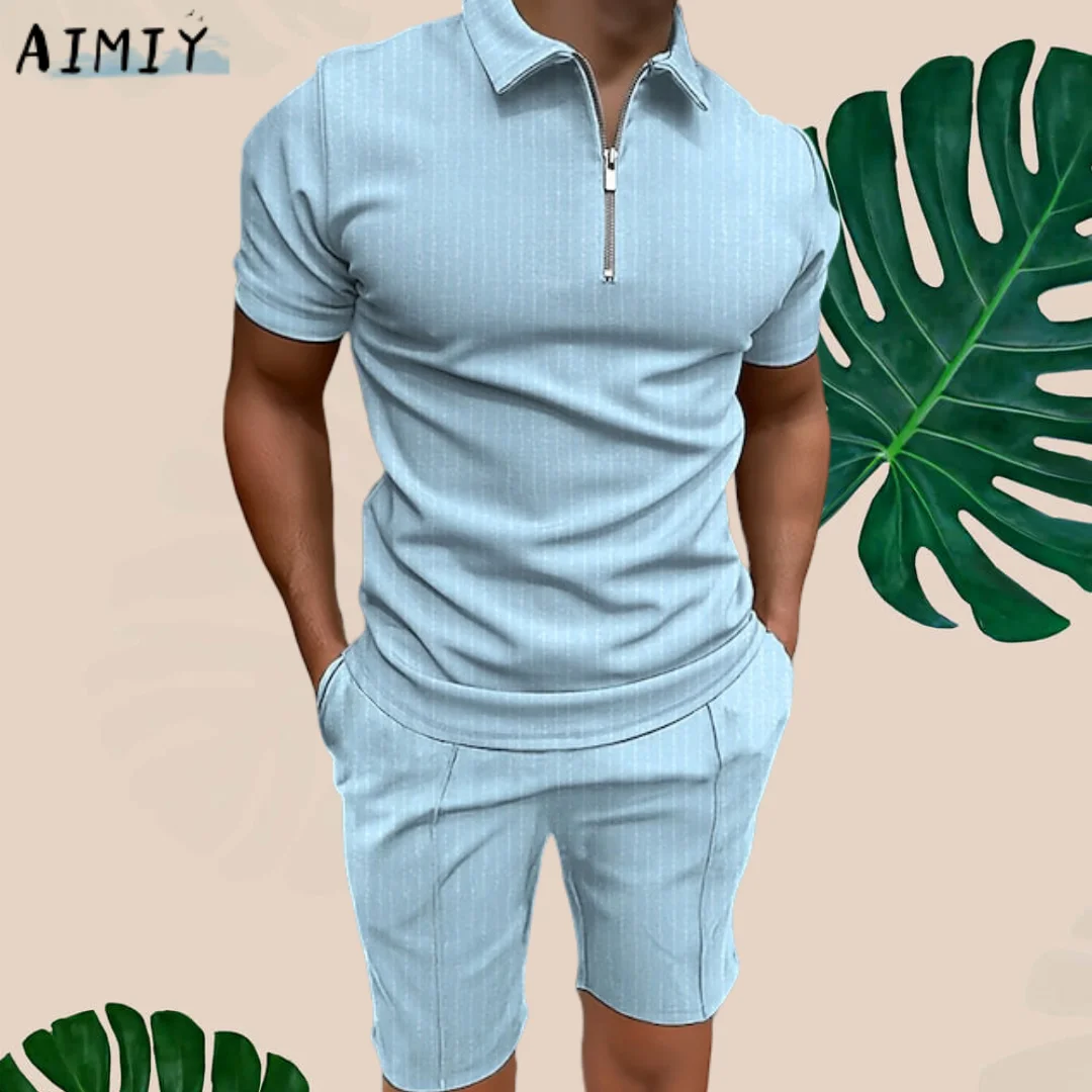 Men's Golf Shirt Set Striped Leisure Sports Outdoor Zipper Patchwork Short Sleeve Tops 2pcs Retro Designer Punk & Gothic Sports