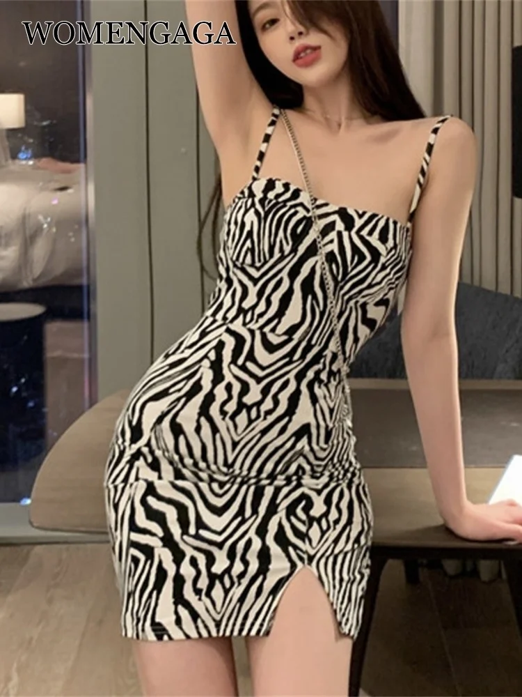 

Пикантное популярное корейское платье-майка 2021, мини-платье, женские летние топы, черные маленькие платья в полоску с разрезом и зеброй для девушек и женщин F4T2
